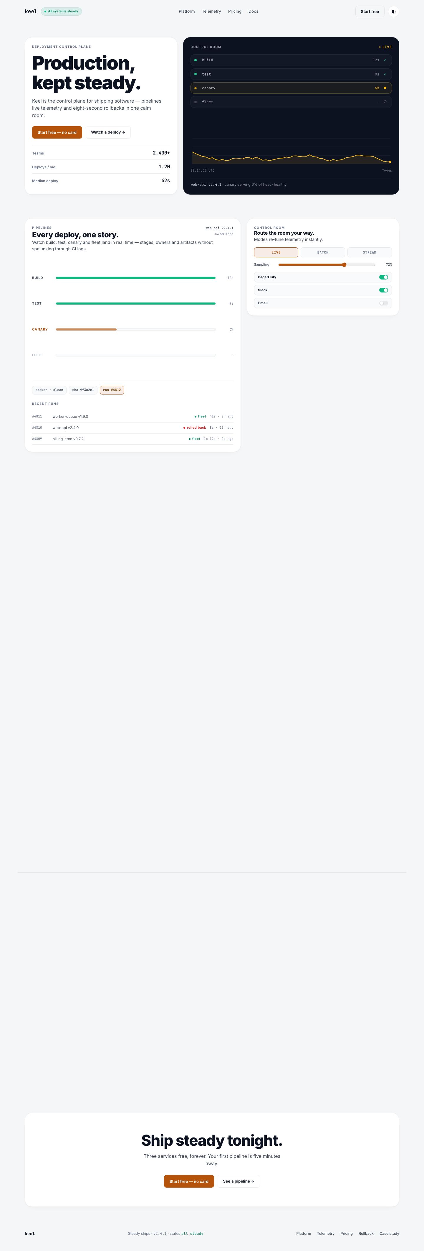 KEEL website — modular bento-grid deployment control plane with live telemetry